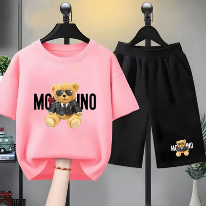Fashion Letter Bear Print Children Summer Clothing Tshirt+Shorts Black Boy Girl Red Toddler 3-12Yrs Leisure Short-Sleeved Set
