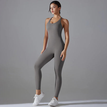 Sexy Backless Bodycon Scrunch Jumpsuit Raises Butt Women Dance Fitness Overalls Push Up Sleeveless Yoga Sport Jump Suit