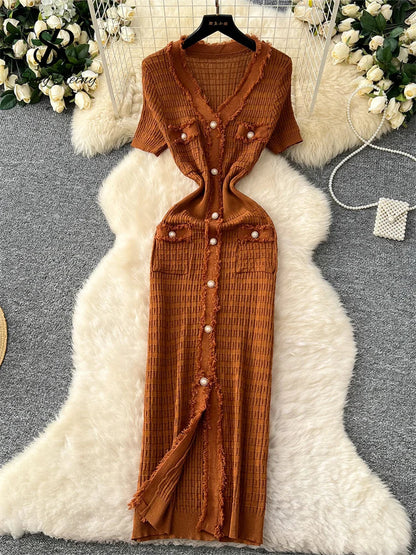 High Quality Elastic Knitted Long Sundress Women Short Sleeves Button Design Office Lady Vintage Split Slim Dress