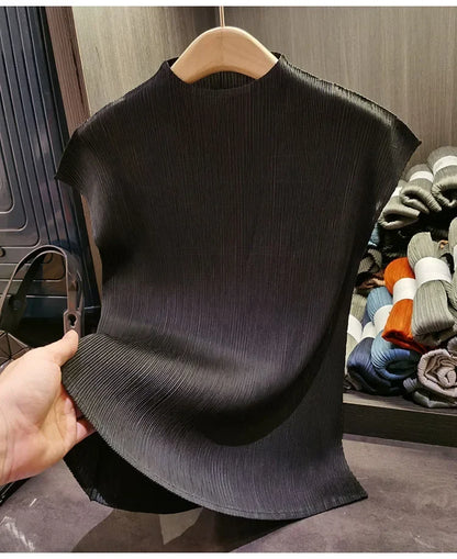 Miyake Versatile Classic Simple Solid Color Stand Up Collar Pleated Top Women Slim Slim Short Sleeve Miyake T-shirt Summer 2025
