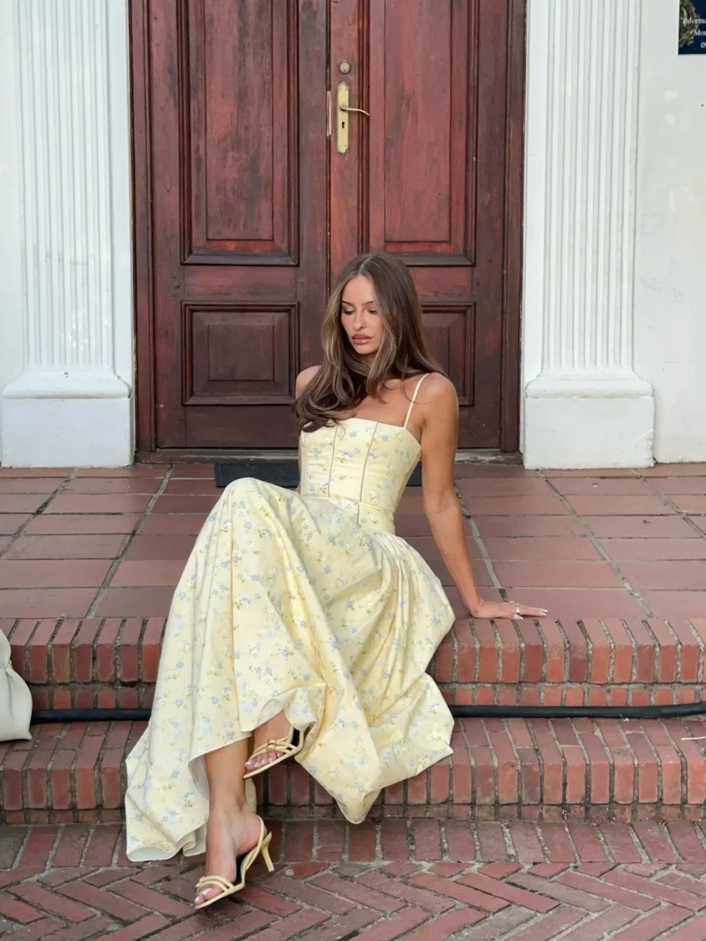 Women Long Floral Print Spaghetti Strap Maxi Dress Summer Elegant Lace Up Dress Flowy Holiday Party Beach Wear Dress