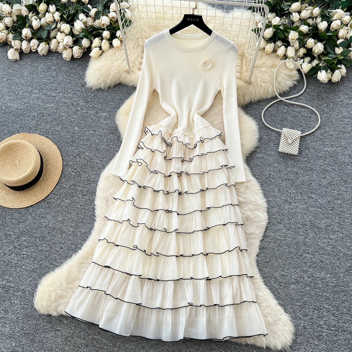 Autumn 3D Floral Spliced Long Dress 2025 Female O Neck Long Sleeves High Quality Slim Luxury Knitted Party Cake Dress