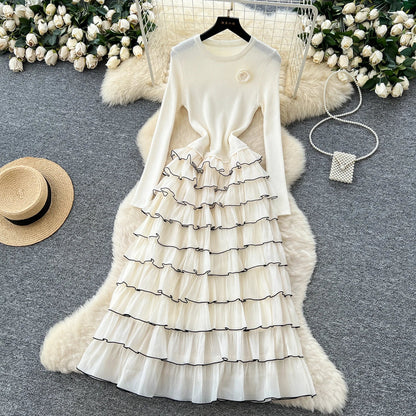 Autumn 3D Floral Spliced Long Dress 2025 Female O Neck Long Sleeves High Quality Slim Luxury Knitted Party Cake Dress