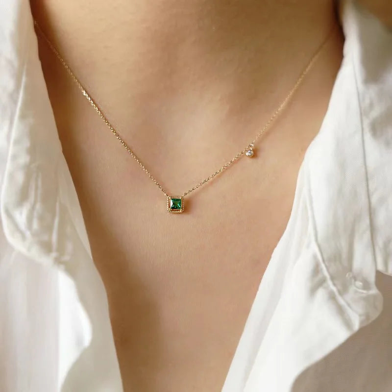 S925 Sterling Silver Simple Emerald Crystal Chain  Necklace  Women Light Luxury Temperament Plating 18k Gold Jew   style