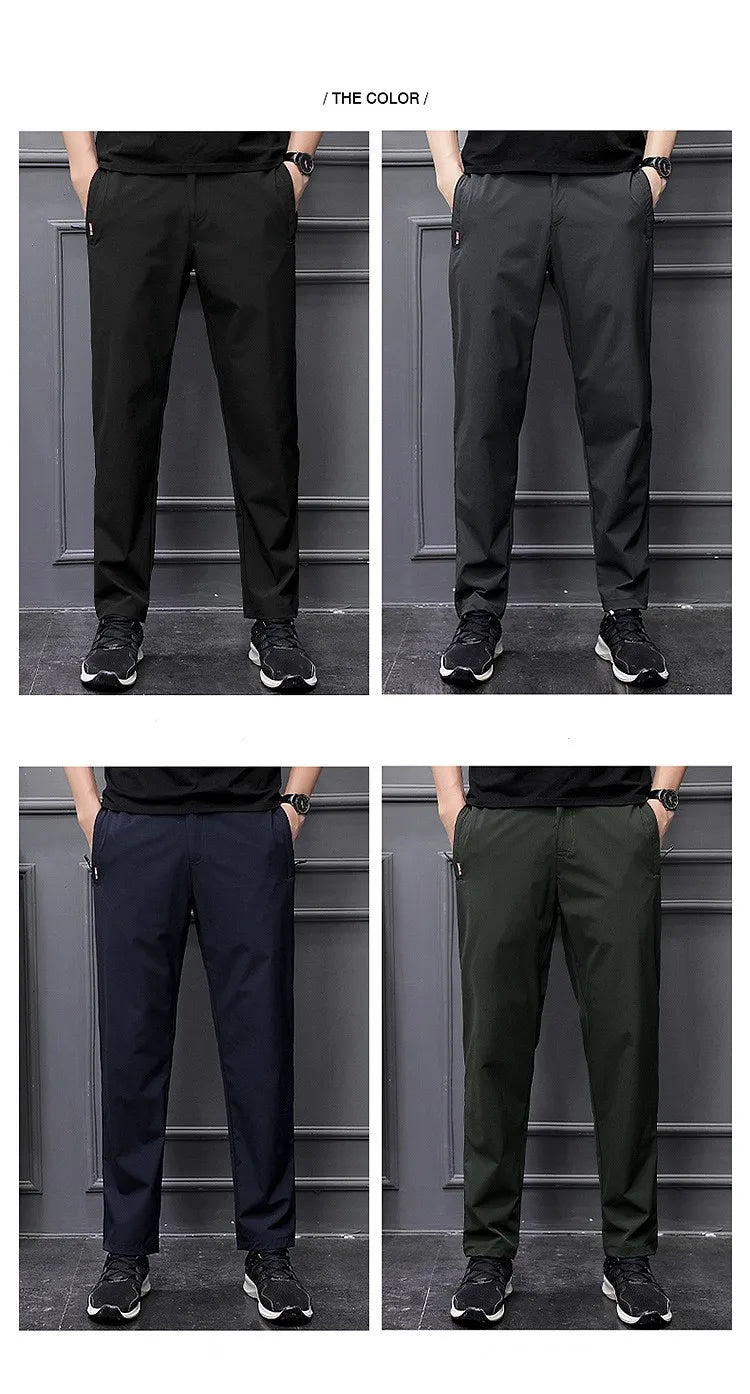 Men's Summer Cargo Pants Big Size Ice Silk Stretch Breathable Straight Leg Pants Quick Dry Elastic Lightweight Long Trousers