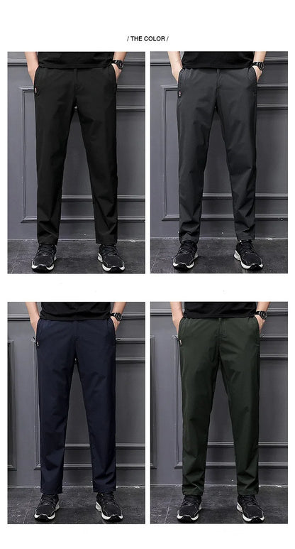Men's Summer Cargo Pants Big Size Ice Silk Stretch Breathable Straight Leg Pants Quick Dry Elastic Lightweight Long Trousers