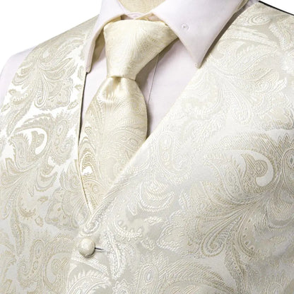 Silk Mens Waistcoat Tie Set Gold Brown Orange Beige Ivory Khaki Bronze Sleeveless Jacket Suit Vest Necktie Hanky Cufflink