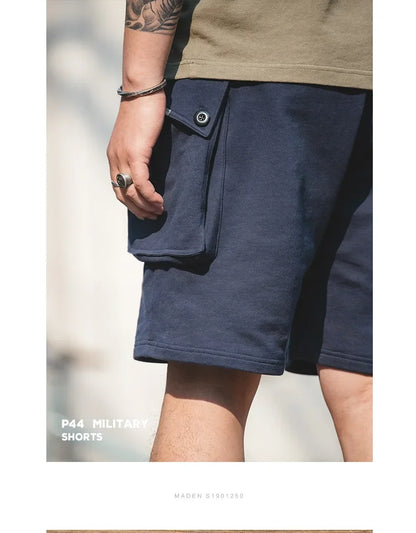 Navy Blue P44 Cargo Joggers Shorts Men Loose Cotton Large Pocket Work Tactical Short Pants Amekaji Casual Knitted Shorts
