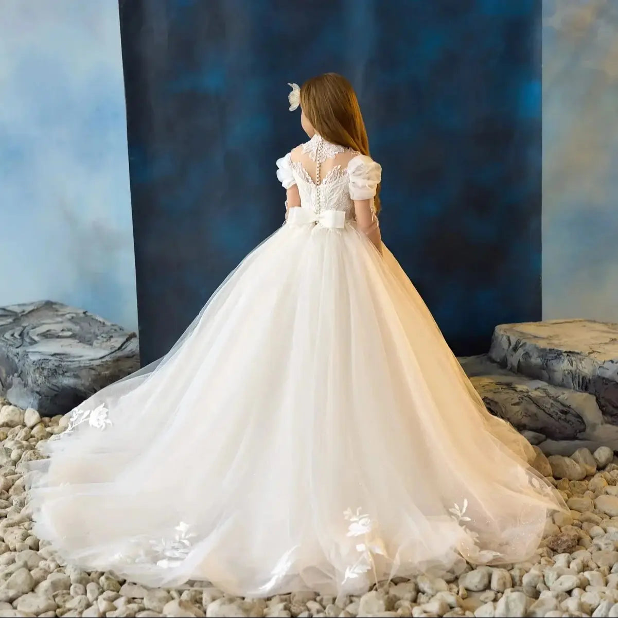 White Lace Flower Girl Dresses For Wedding Customized Long Sleeve High Neck Litter Kids Baby Birthday Gown First Communion Dress