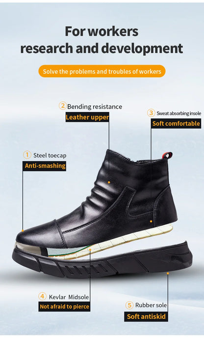 Fashion 2025 Black Leather Safety Work Shoes for Men Indestructible Steel Toe Cap Anti Nail Anti Slip Male Boots Footwear