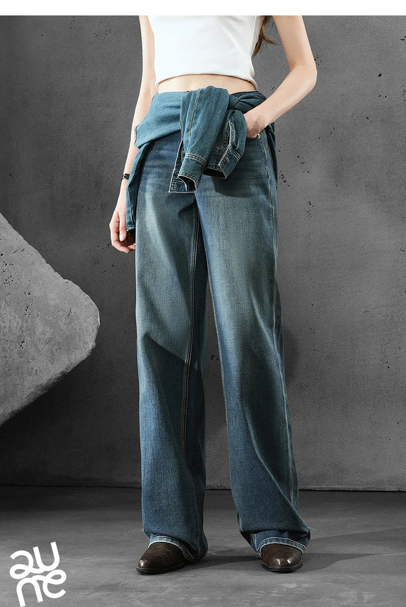 Women Denim Jeans 2025 Autumn New Lycra Stretch Straight Wide Leg Long pants