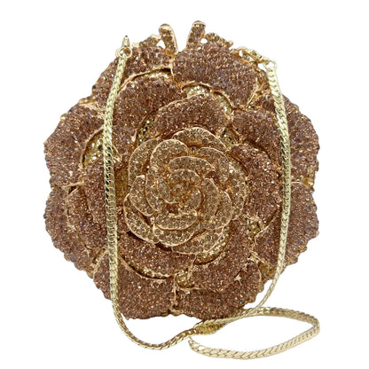 Luxury Rose Shape Diamond Rhinestone Clutch Bag Hollow Metal Banquet Wedding Handbag Women Evening Bag