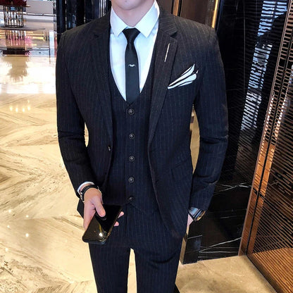 Blue Men Classic Striped/Checked Suits, Asian Size Slim Fit Business Office 3-Piece Sets, Black/Gray and Red Available.