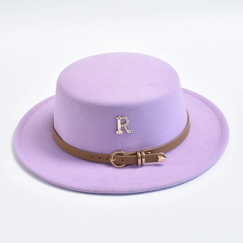 New Metal R Letter Fedora Hat for Women Fashionable Winter Flat Top Wedding Church Bowler Cap Females Elegant Holidays Hat