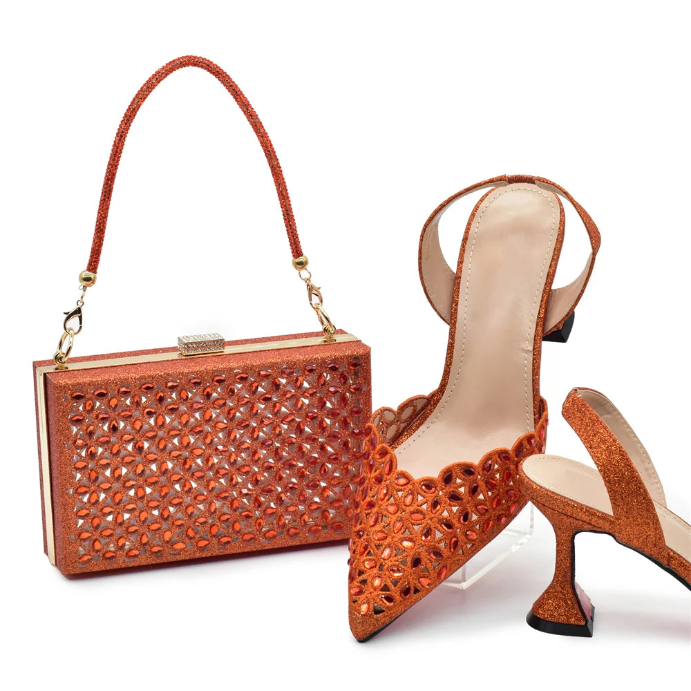 New Arrival Nigeria Women Designer Shoes and Bags Decorated with Rhinestone Wedding Italian Shoes Bag Set Pumps Women Luxury
