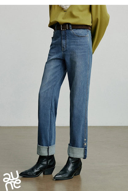 Women Denim Jeans 2025 Autumn New Lyocell Rolling Up Hem Elastic and Simple Straight Leg Ankle Length Pants