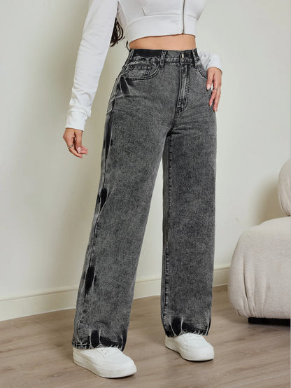 2025 autumn new women's jeans, tie-dye contrast washing, elastic waist, high waist straight jeans