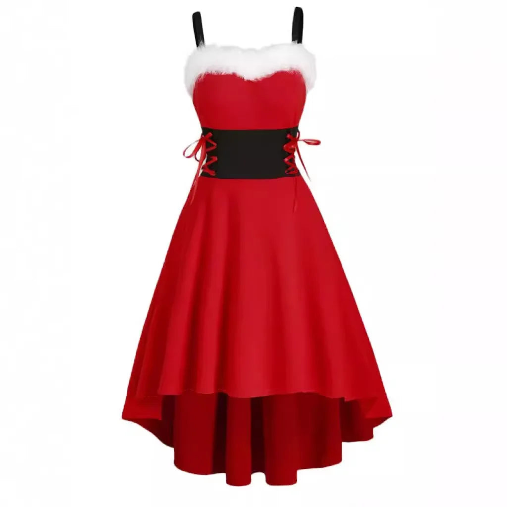 Women's Dress Christmas Floral Print Cold Shoulder Flounce Trim Elegant Dresses For New Year Sexy Merry Christmas Gift