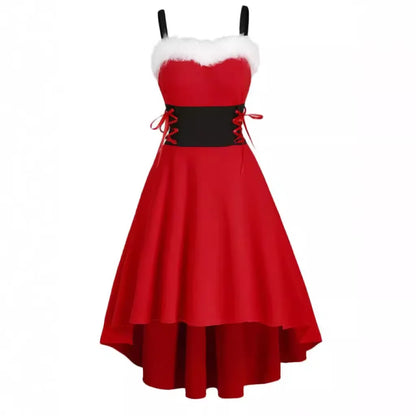 Women's Dress Christmas Floral Print Cold Shoulder Flounce Trim Elegant Dresses For New Year Sexy Merry Christmas Gift
