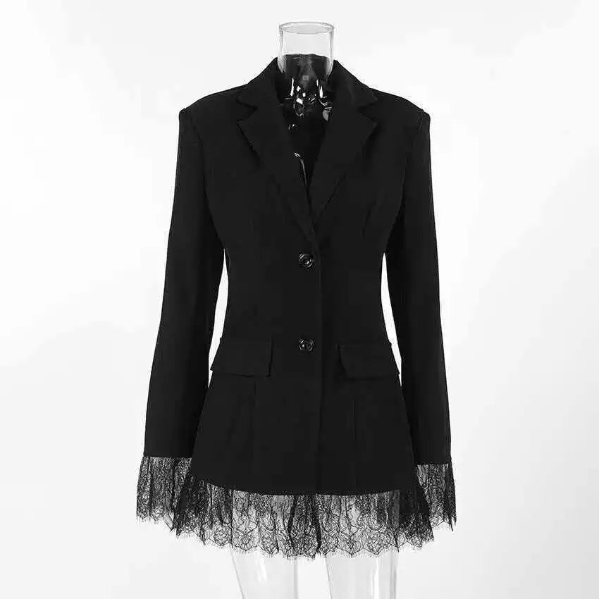 Women Elegant Lace Hem Black Suit Coat Fashion V-neck Single Breasted Slim Fit Blazer 2026 New Spring Office Lady Blazer Outwear
