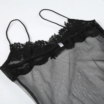 Lace Transparent Mini Dress Sexy Women Wrapping Spaghetti Embroidery Flower Sheath Nightwear Club Mesh Wave Fantacy