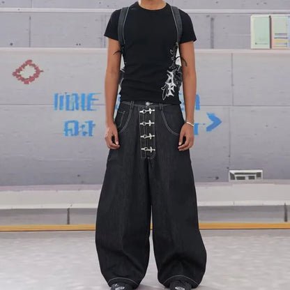 Street Retro Men's Jeans Straight Leg Pants Airplane Buckle Baggy Silhouette Curved Knife Jeans High Waisted Casual Denim Pants