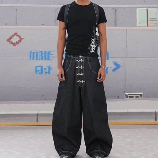 Street Retro Men's Jeans Straight Leg Pants Airplane Buckle Baggy Silhouette Curved Knife Jeans High Waisted Casual Denim Pants