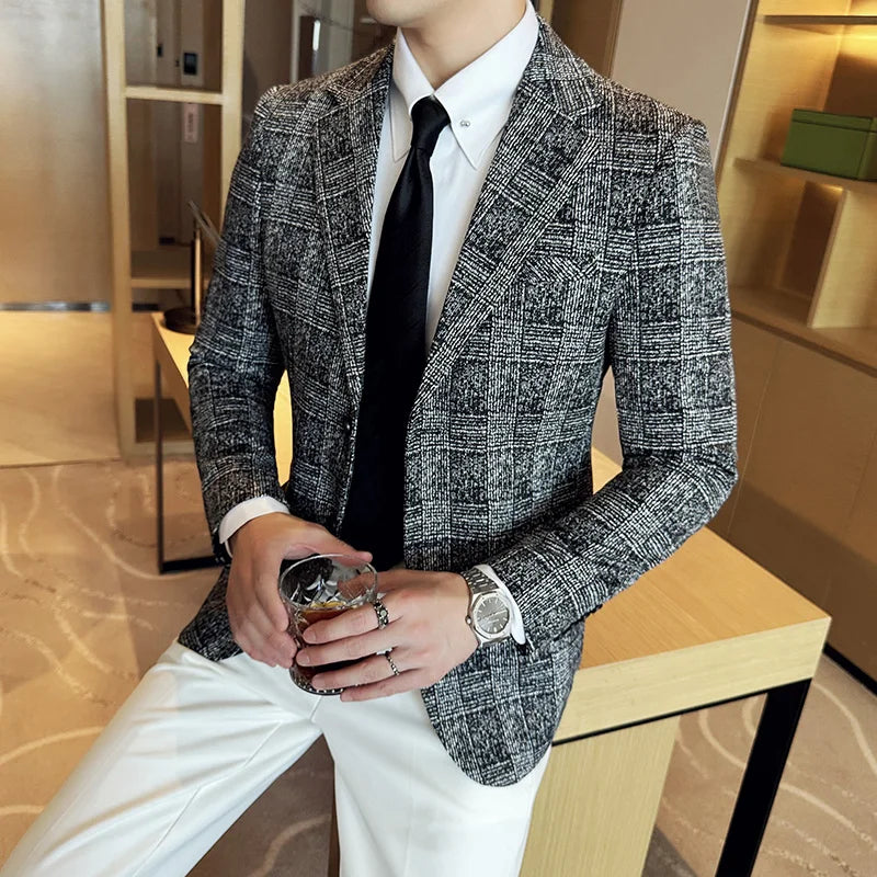 High Quality Meteor Grid Suit Jackets Men British Style Slim Fit Business Casual Fashion Blazers Formal Men Wedding Party Tuxeds