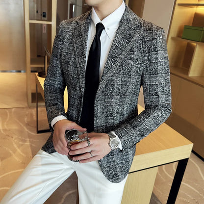 High Quality Meteor Grid Suit Jackets Men British Style Slim Fit Business Casual Fashion Blazers Formal Men Wedding Party Tuxeds