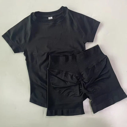 2 Piece Sets Women Outfit Longline Short Sleeve Gym Crop Top High Waist Workout Shorts Sports Suit Fitness Clothes Yoga Set