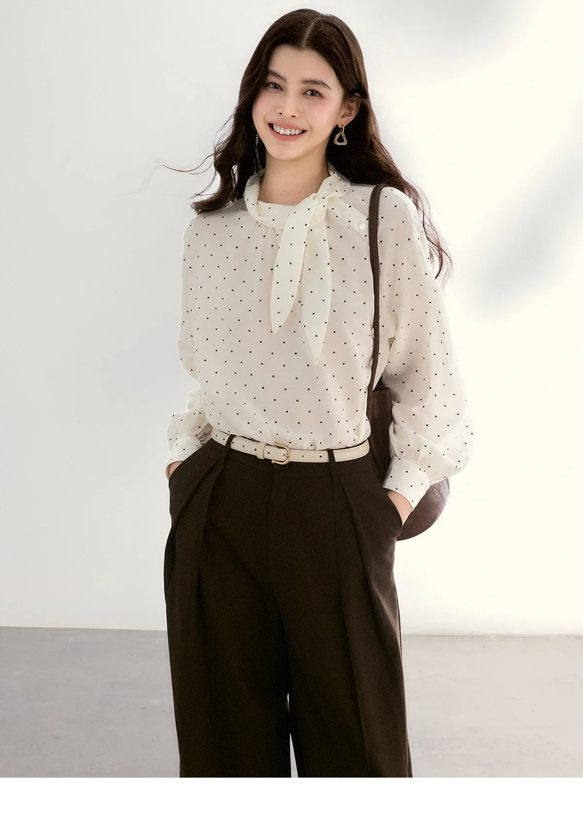 Women's White Polka Dot Blouse Spring Bow Tie Neck Sheer Chiffon Blouses Casual Long Sleeve Top Office Lady MXF13X2531