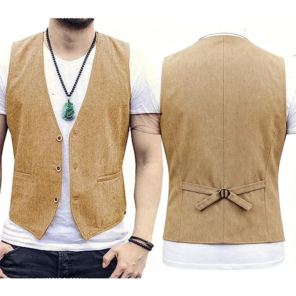 Mens Suit Vest Men's Summer Cotton Linen Waistcoat Slim Fit V Neck Sleeveless Vest Breathable Lightweight Casual Suit Vest with