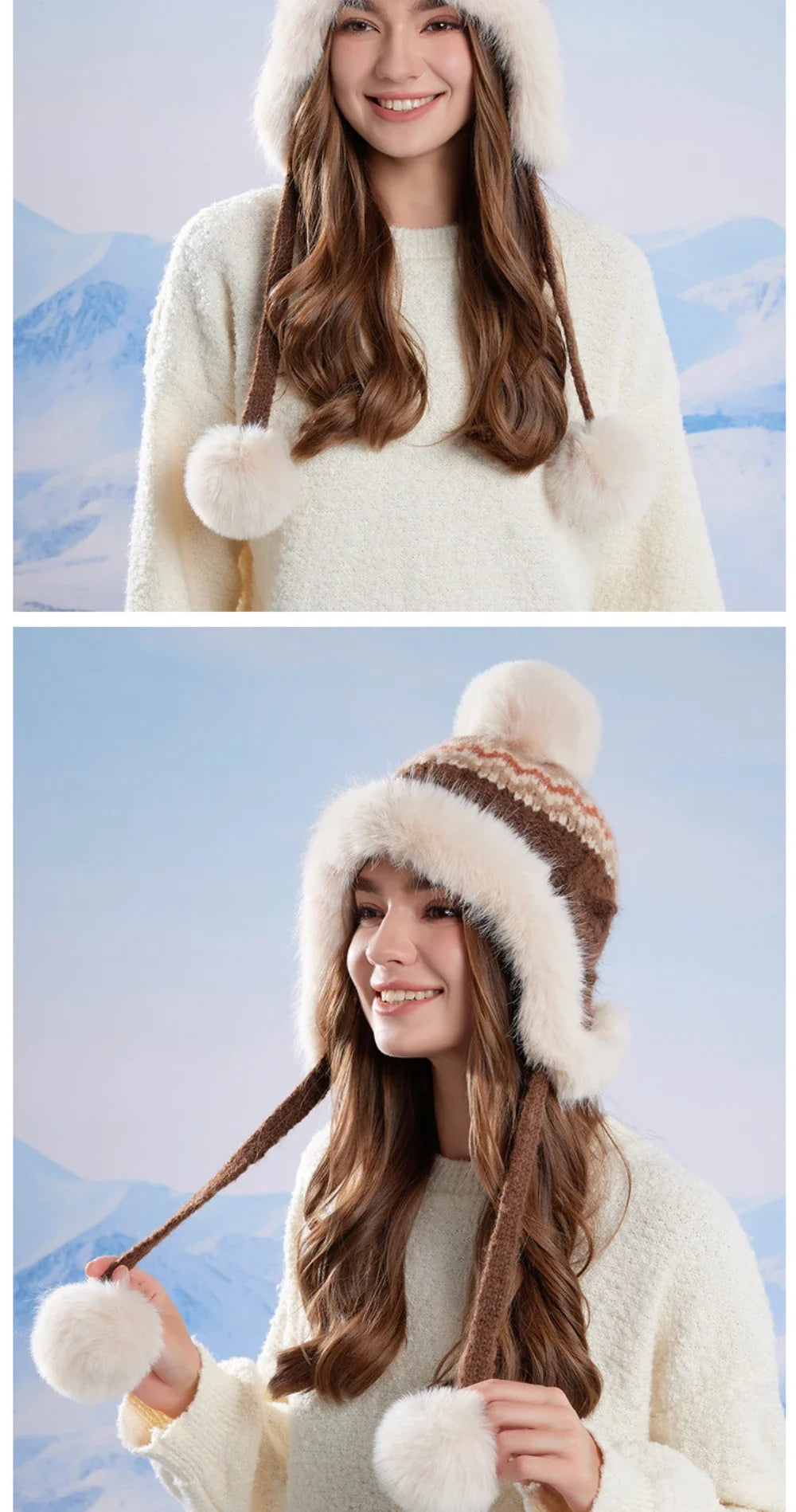 New Thick Warm Women Winter Hat Skullies Beanies Knitted Fur Hat Three Fur Ball Beanie Hat Female Earflap Cap Russian Hat