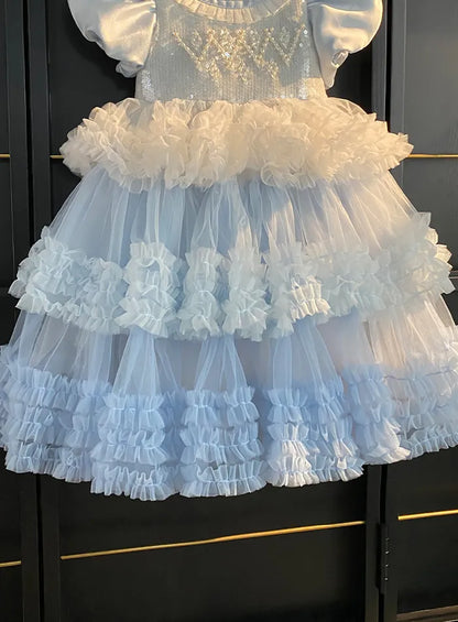 Sweet Little Girls Spring and Summer New Heavy Princess Gown Childrens Puff Sleeve Pearl Sequined Mesh Birthday Party Cake Dress