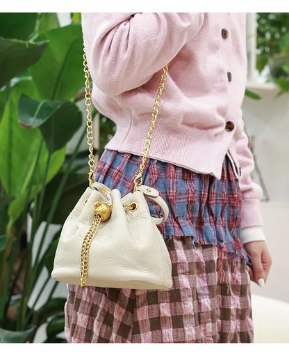 New Vintage Fashion Chain Bag Genuine Leather Multi-Way Bucket Bag for Women Compact Stylish Crossbody Purse