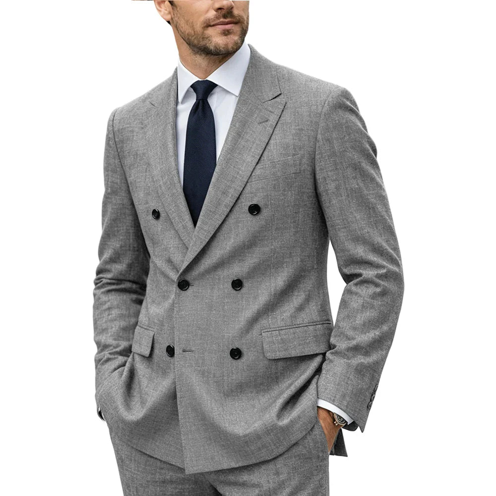 Men's Linen Suit Set  Double Breasted Slim Fit Peak Lapel Formal Blazer Pants Breathable Business Wedding Groom Tuxedo