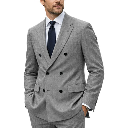 Men's Linen Suit Set  Double Breasted Slim Fit Peak Lapel Formal Blazer Pants Breathable Business Wedding Groom Tuxedo