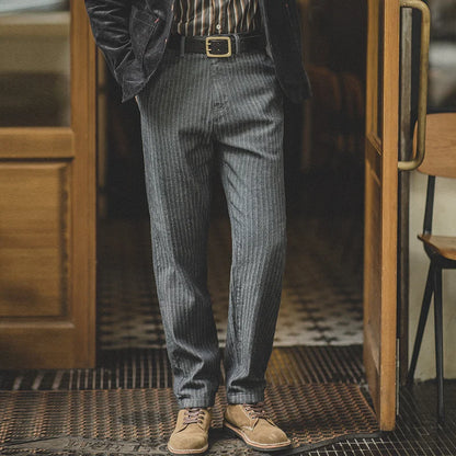Men's Vintage 12.8oz Grey Striped Jeans Straight Zip Fly with Pockets Tapered Pants Versatile Herringbone Cotton Trousers