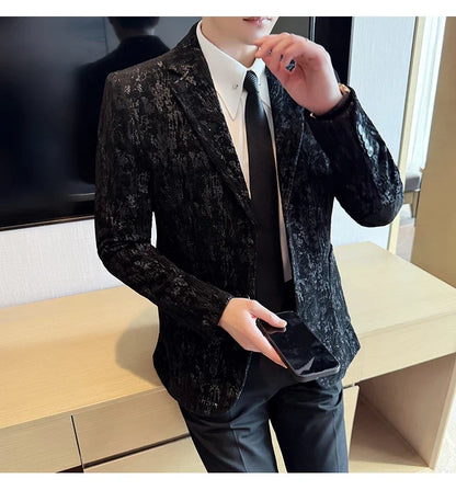 High Quality Plush Jacquard fashion Suit Jacket  Korean Version Slim Fit Business Retro Casual Social Wedding Suit Blazer 5XL-M