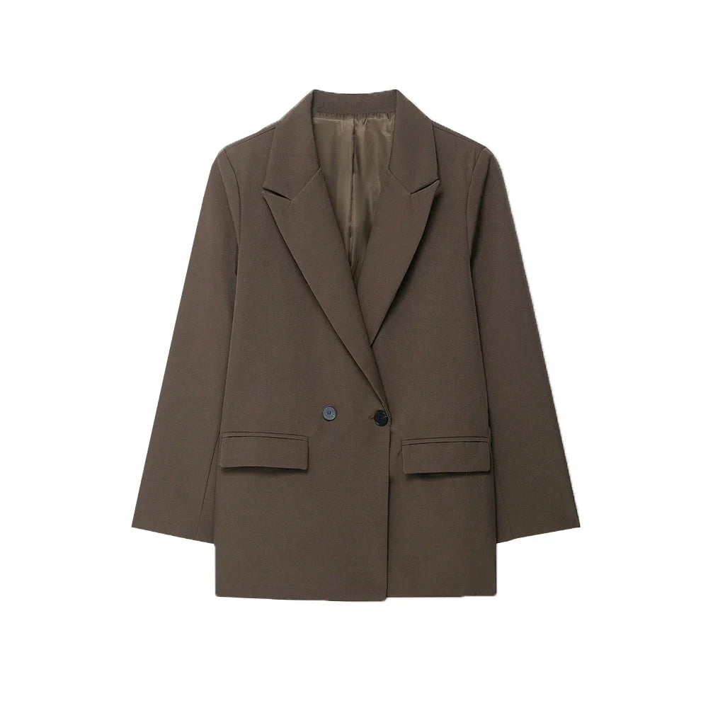 Women's Double-Breasted Solid Color Blazer Coat Long Sleeve Office Wear for Spring Autumn Winter Old Money Style