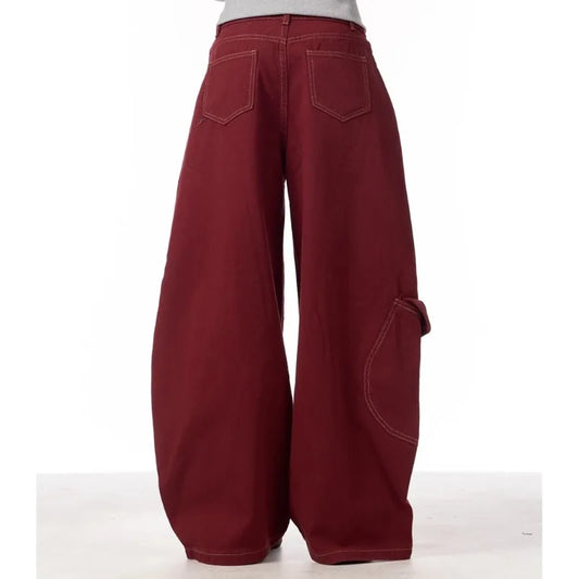 Cargo Red Casual Jeans Womens Workwear Pants Loose Straight Wide Leg Trousers Spring Korean Style Lazy Comfortable Chic