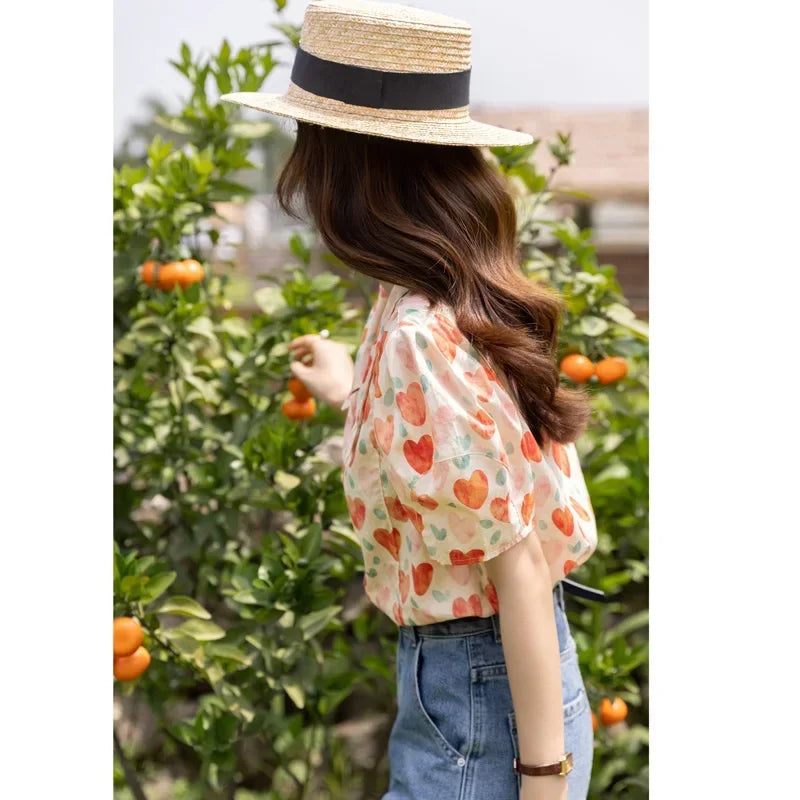 Korean Chic Fashion Women Stylish Blouses Summer French Sweet Retro Floral Polo-neck Puff Sleeves Tops MXB27C0450