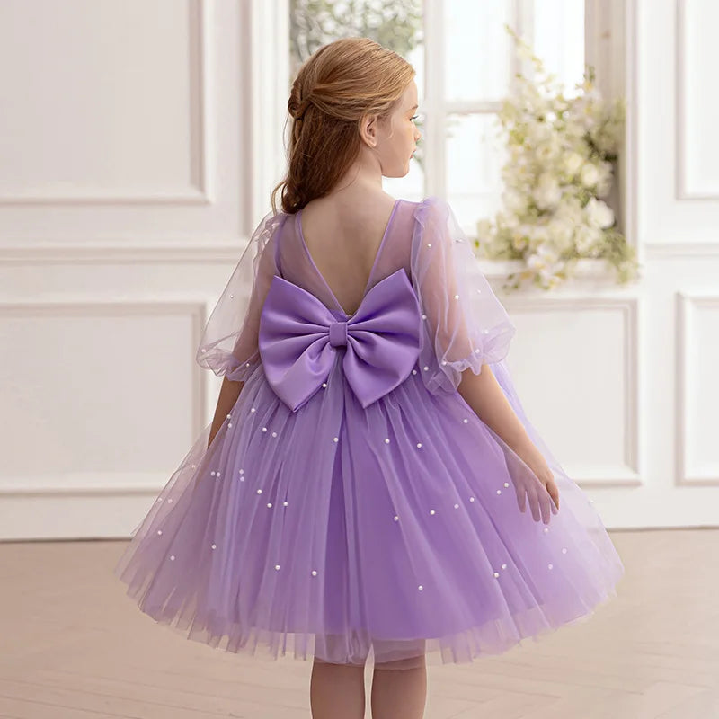 Summer New Girl 4-8Y Seven Sleeve Puff Skirt Dreamy Children's Dress Birthday Party Flower Girl Princess Dress