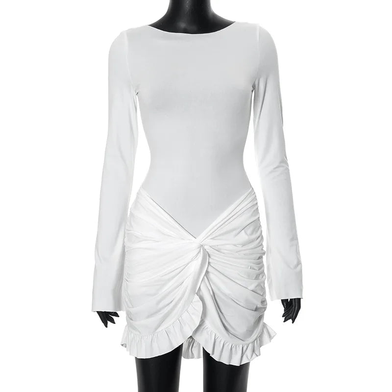 Ruched Bodycon Dress Women Sexy Long Sleeve Twist Ruffles Hem Mini Dresses Autumn White Elegant Club Party Short Vestidos
