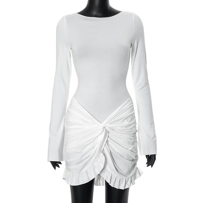 Ruched Bodycon Dress Women Sexy Long Sleeve Twist Ruffles Hem Mini Dresses Autumn White Elegant Club Party Short Vestidos