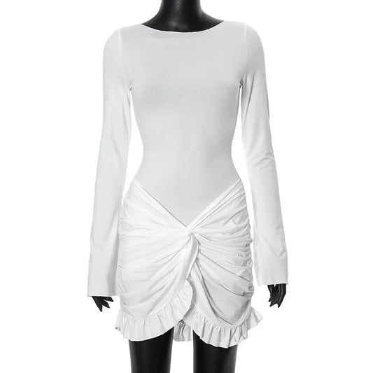 Ruched Bodycon Dress Women Sexy Long Sleeve Twist Ruffles Hem Mini Dresses Autumn White Elegant Club Party Short Vestidos