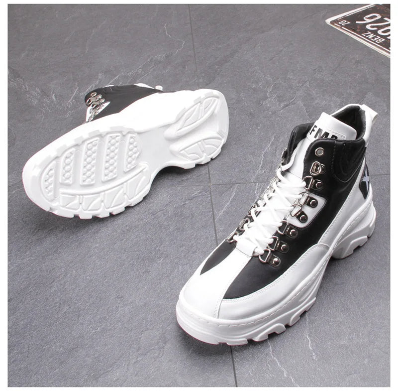 White High Top Board Boots for Men Thick Soled Men Boots with Elevated Height Inside Outdoor Casual Versatile High-top Shoes