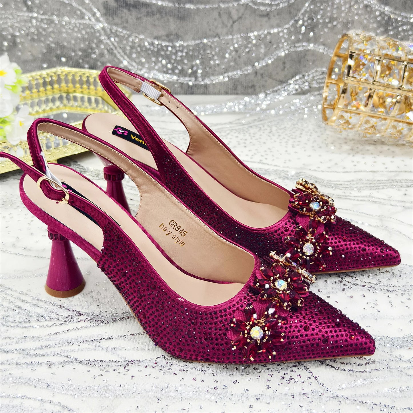 Olive-Green Pointed-Toe Women's High Heels Shoes and Bags for Party Rhinestone Evening Elegant Luxury Handbag