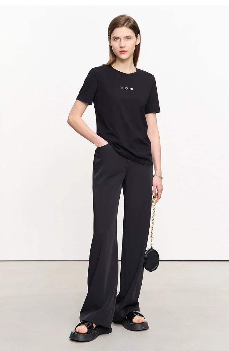 Minimalist T-shirt Women's Tops O-neck Short Sleeves Geometric Decoration Antibacterial Cotton Elastic Casual Tees 12521088