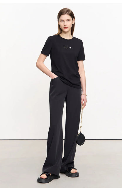 Minimalist T-shirt Women's Tops O-neck Short Sleeves Geometric Decoration Antibacterial Cotton Elastic Casual Tees 12521088